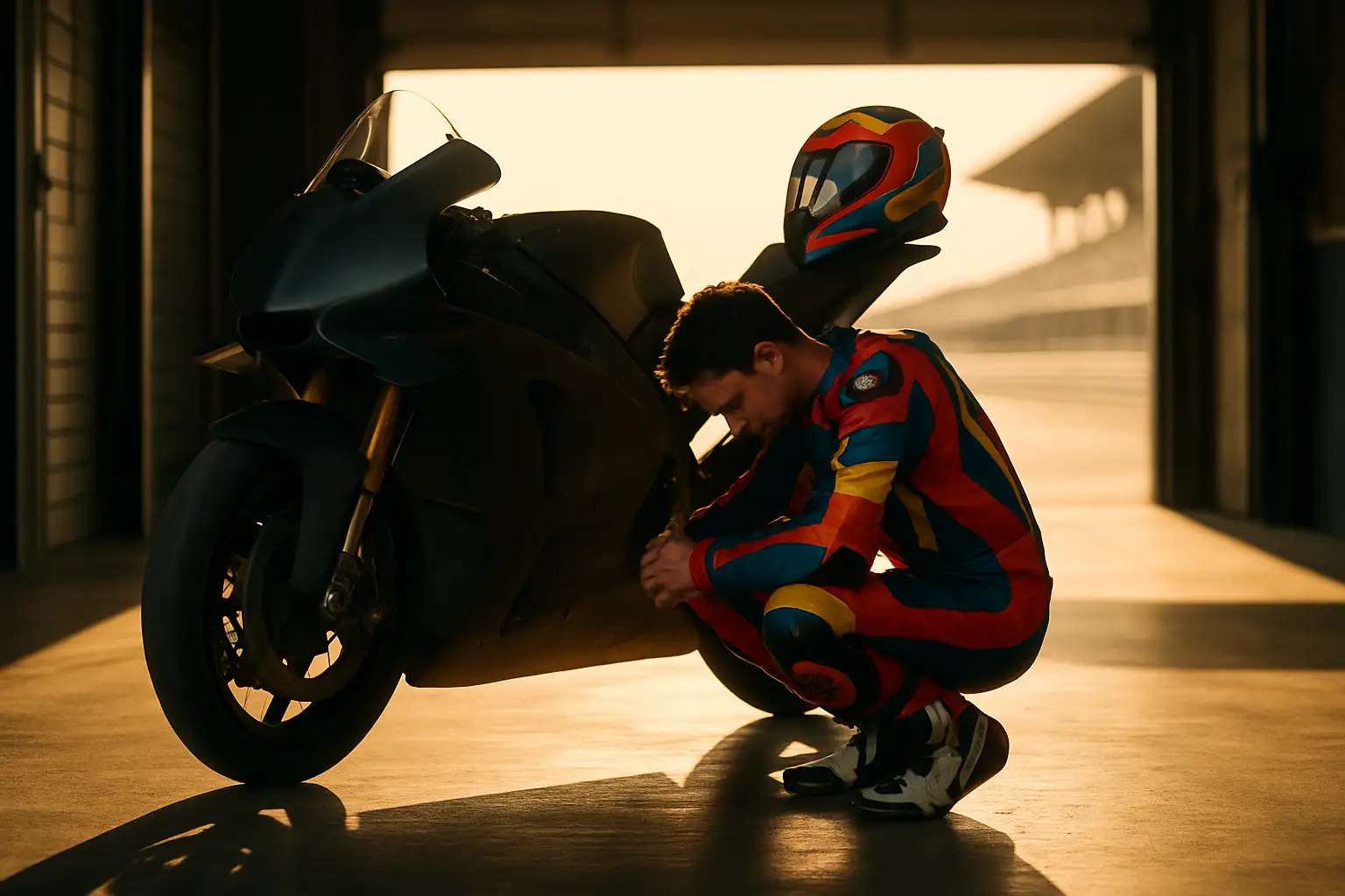 A MotoGP rider in full racing leathers crouched beside a red racing motorcycle on a pit lane, focused and reflective