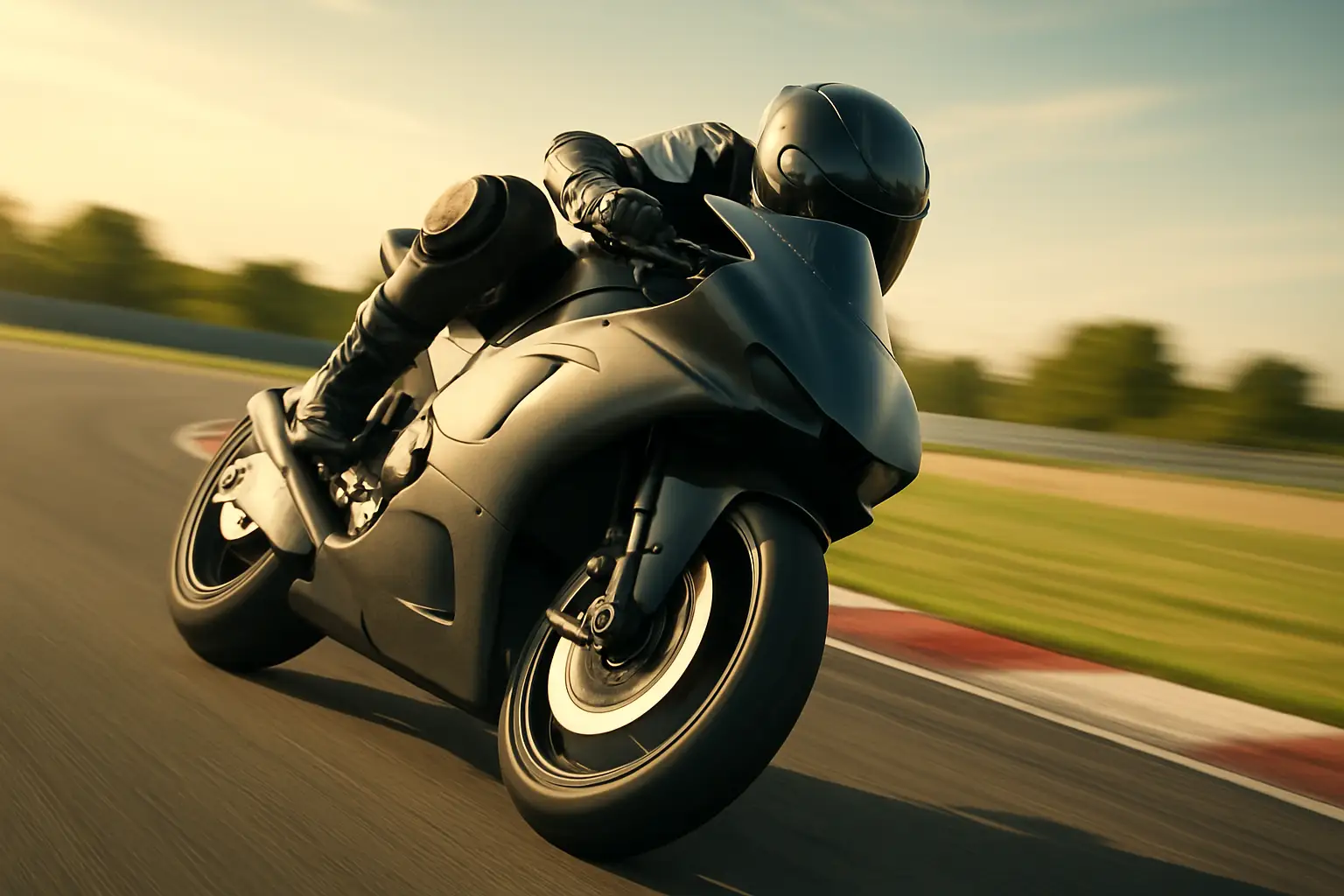 A MotoGP rider gripping handlebars tightly mid-corner on a circuit, leaning at full lean angle
