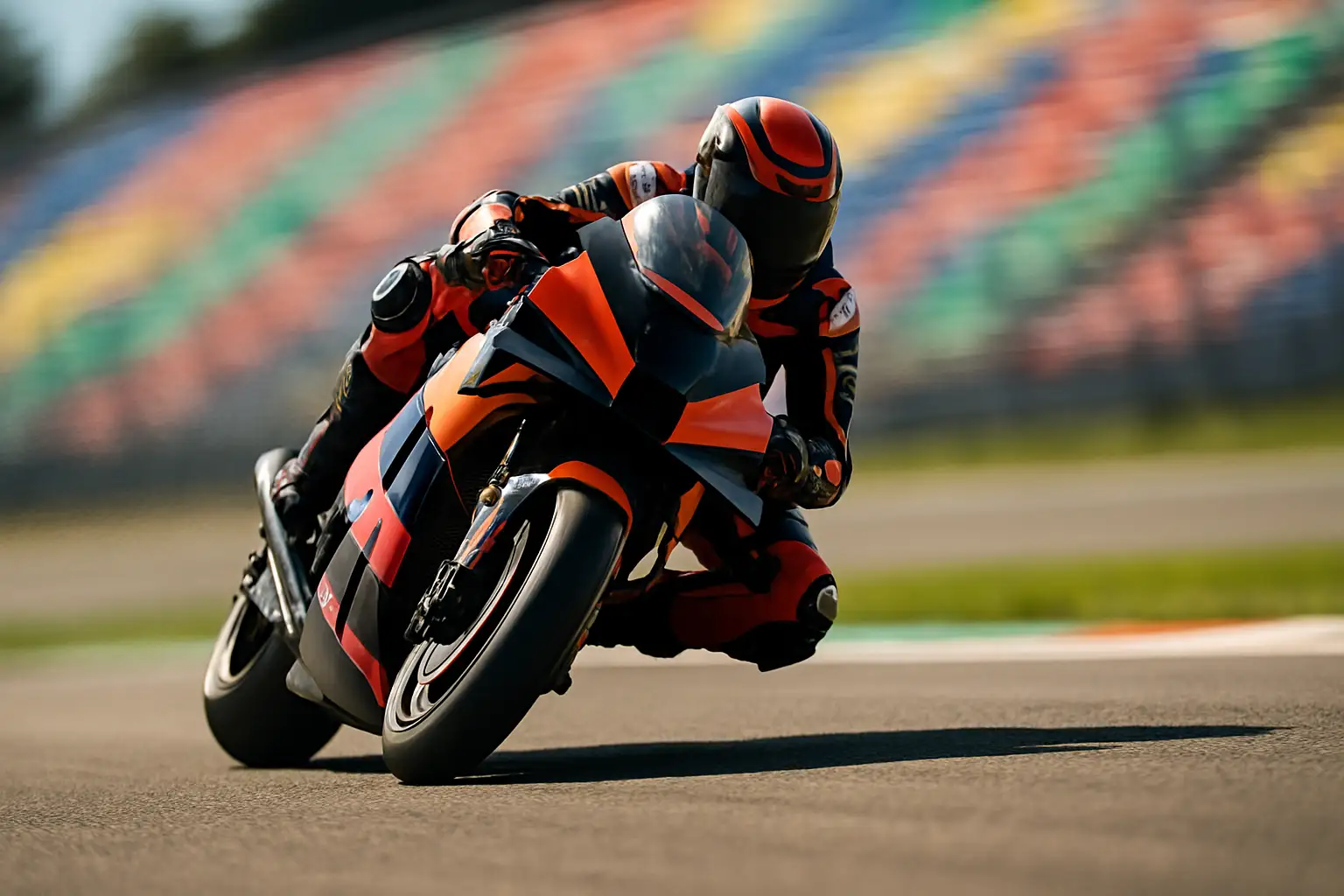 MotoGP motorcycle leaning through a corner on a racing circuit with blurred grandstands in the background