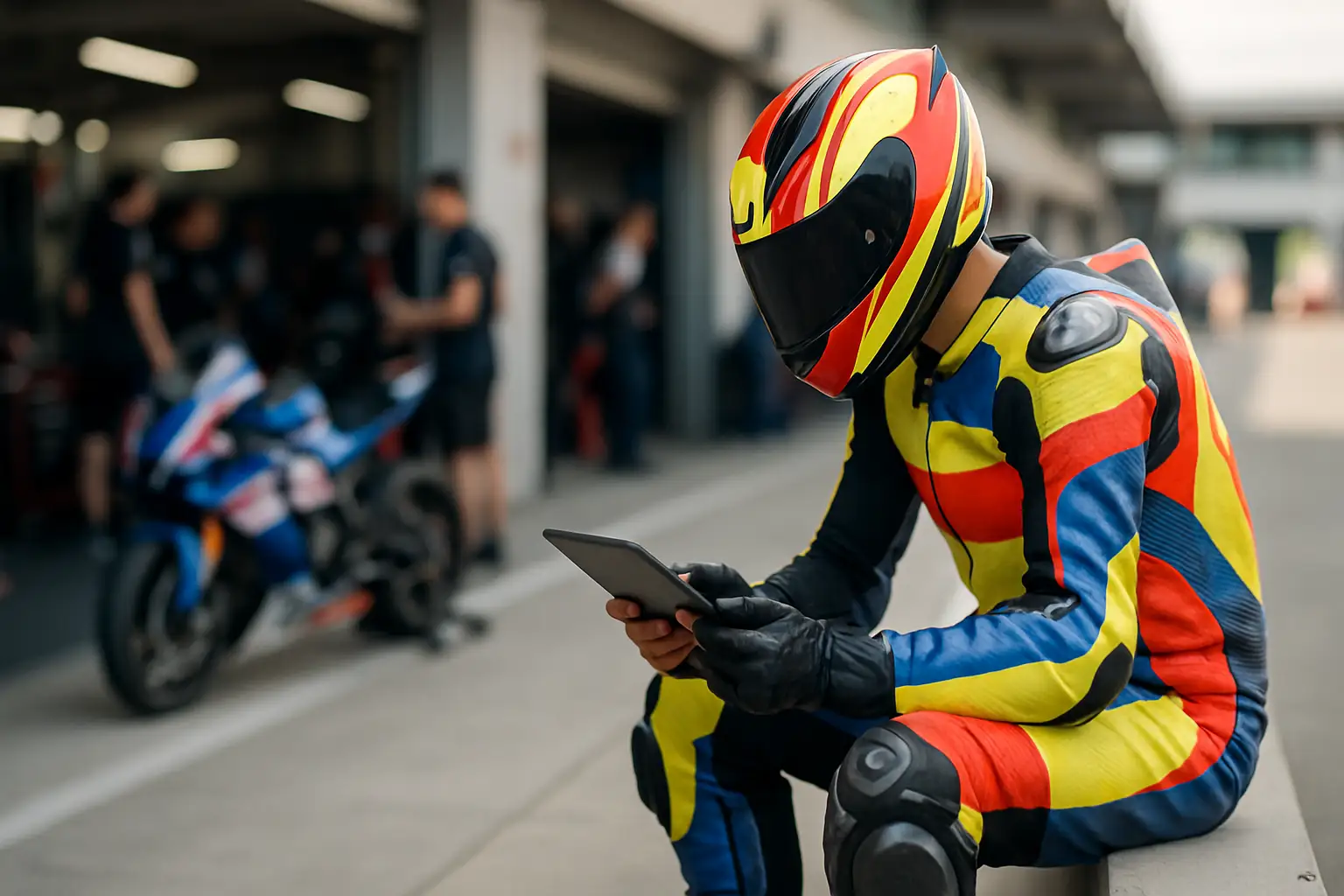 MotoGP rider in full racing leathers sitting on a pit wall studying a tablet showing grid information