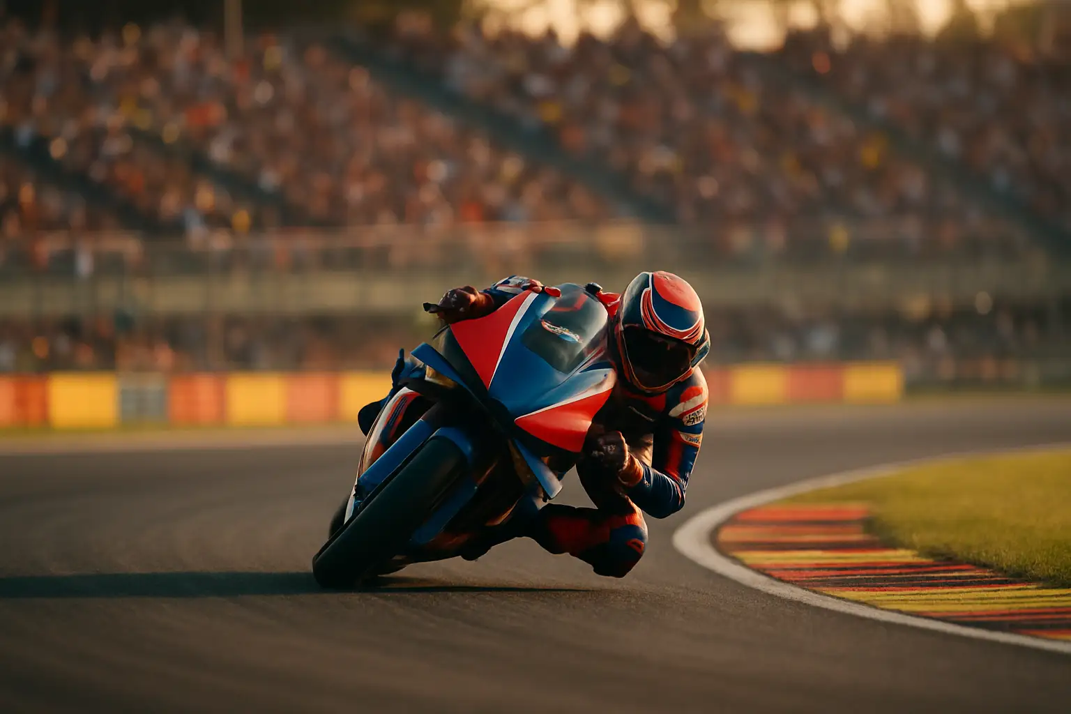 MotoGP rider leaning hard into a corner on a racing circuit with grandstands packed with fans in the background