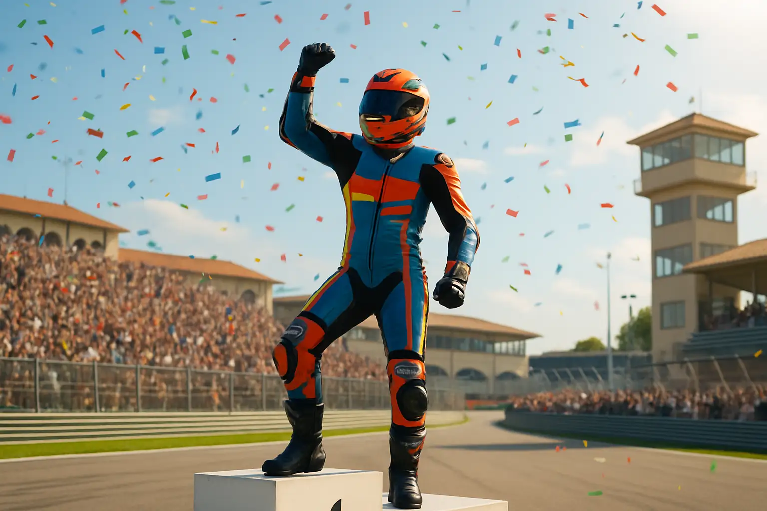A MotoGP rider in racing leathers and helmet celebrating a victory on a podium at a European circuit
