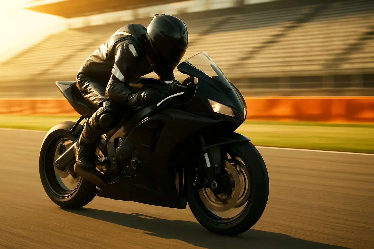 MotoGP rider in racing leathers on a motorcycle navigating a race circuit
