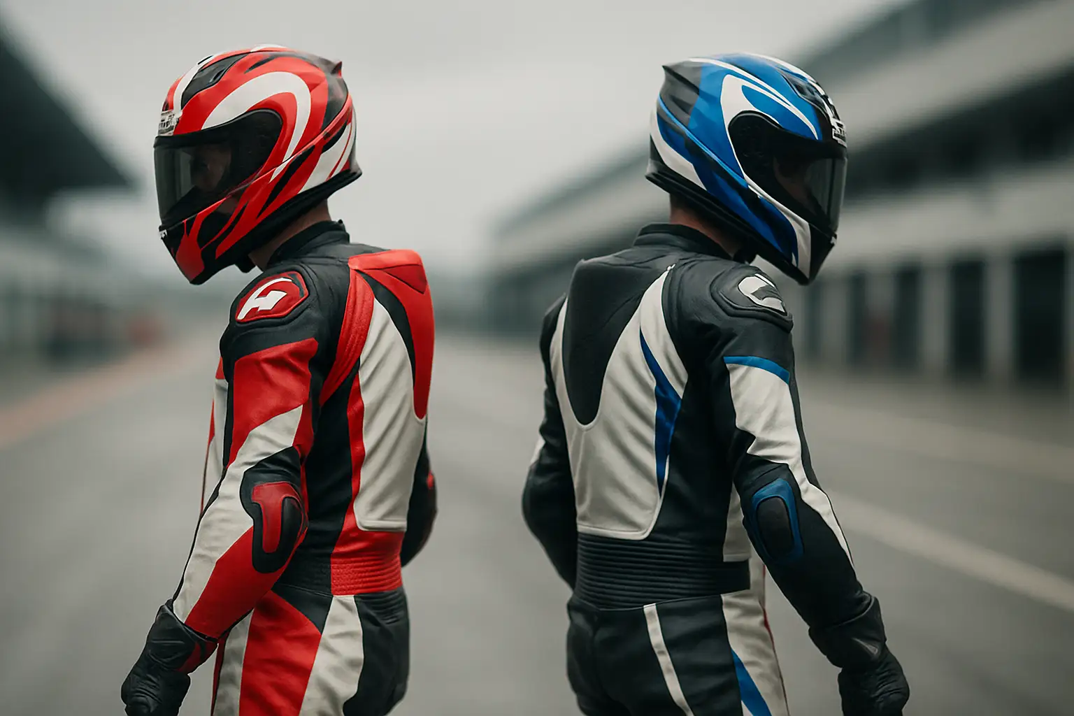 Two MotoGP riders on their bikes on a race circuit, tension visible in their body language as they pass each other in the paddock