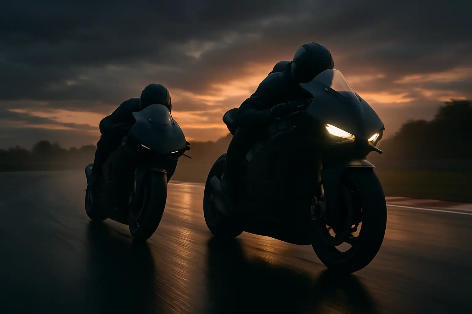 A MotoGP rider leaning aggressively into a corner on a red prototype racing motorcycle under bright circuit lights