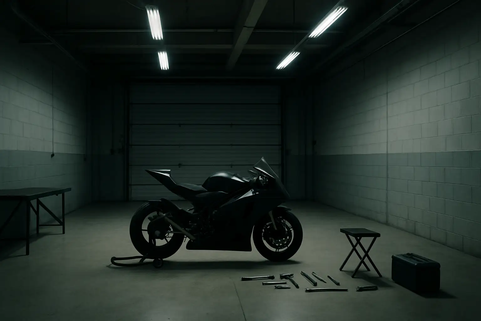 A MotoGP motorcycle on a pit lane with mechanics working around it, representing team uncertainty