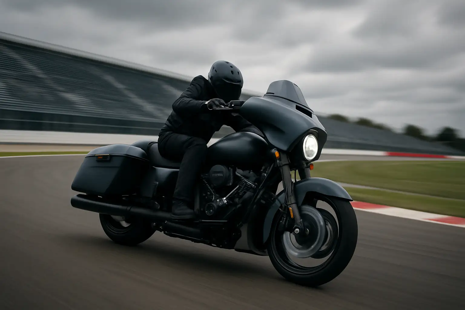 A bagger motorcycle racing on a circuit at speed with grandstands in the background