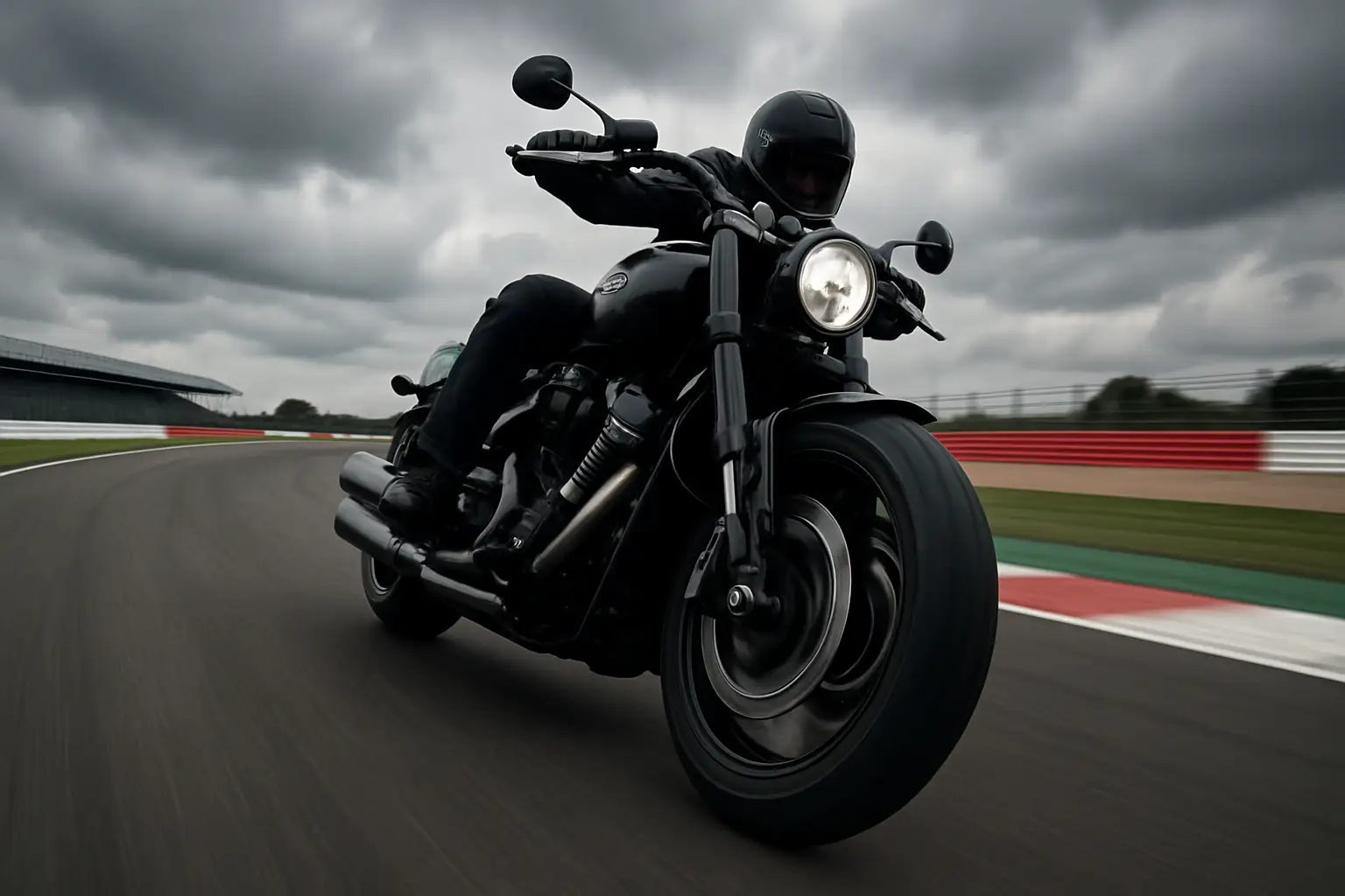 A heavy cruiser-style bagger motorcycle racing on a circuit track