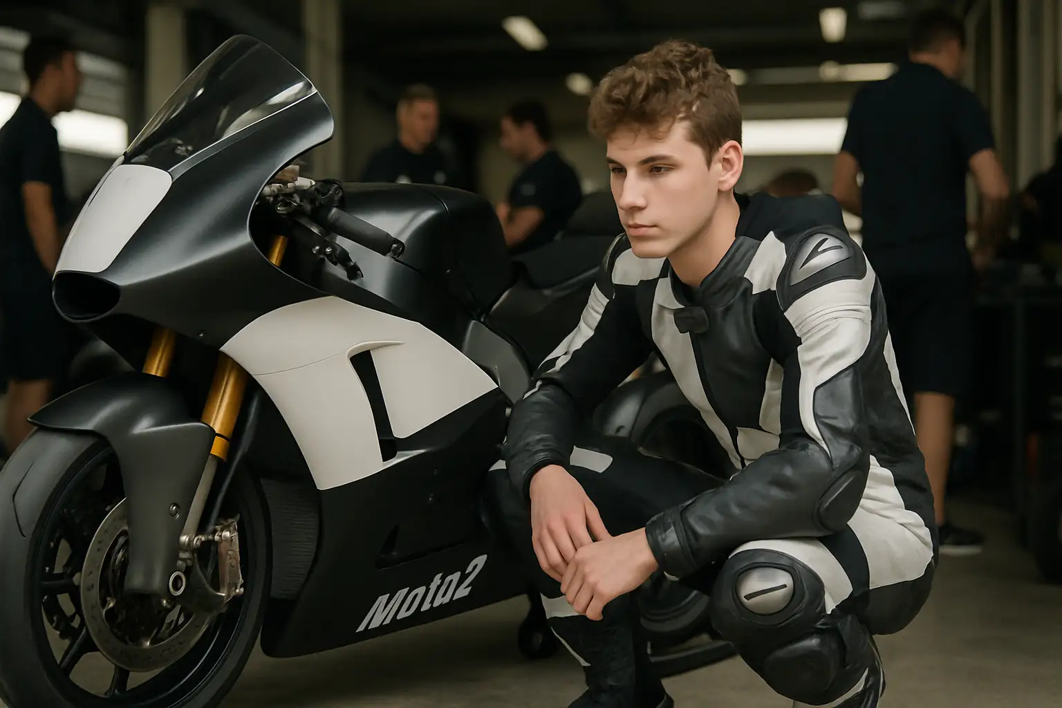Young motorcycle racer preparing in the paddock ahead of a grand prix weekend