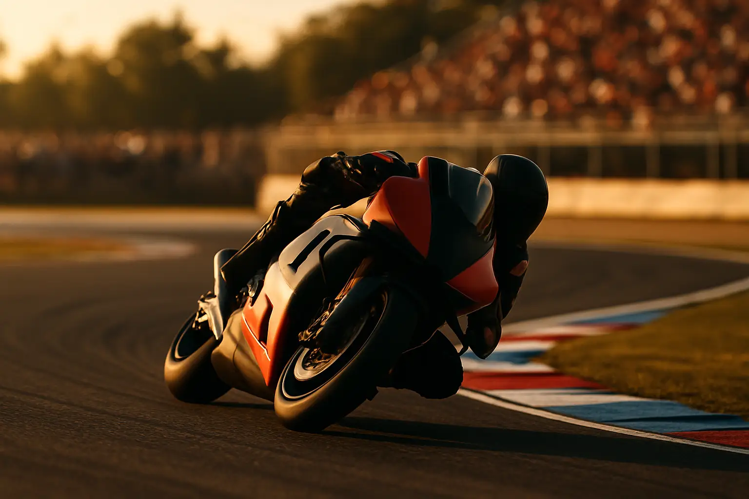 A MotoGP motorcycle leaning hard through a tight corner at a sun-lit European circuit