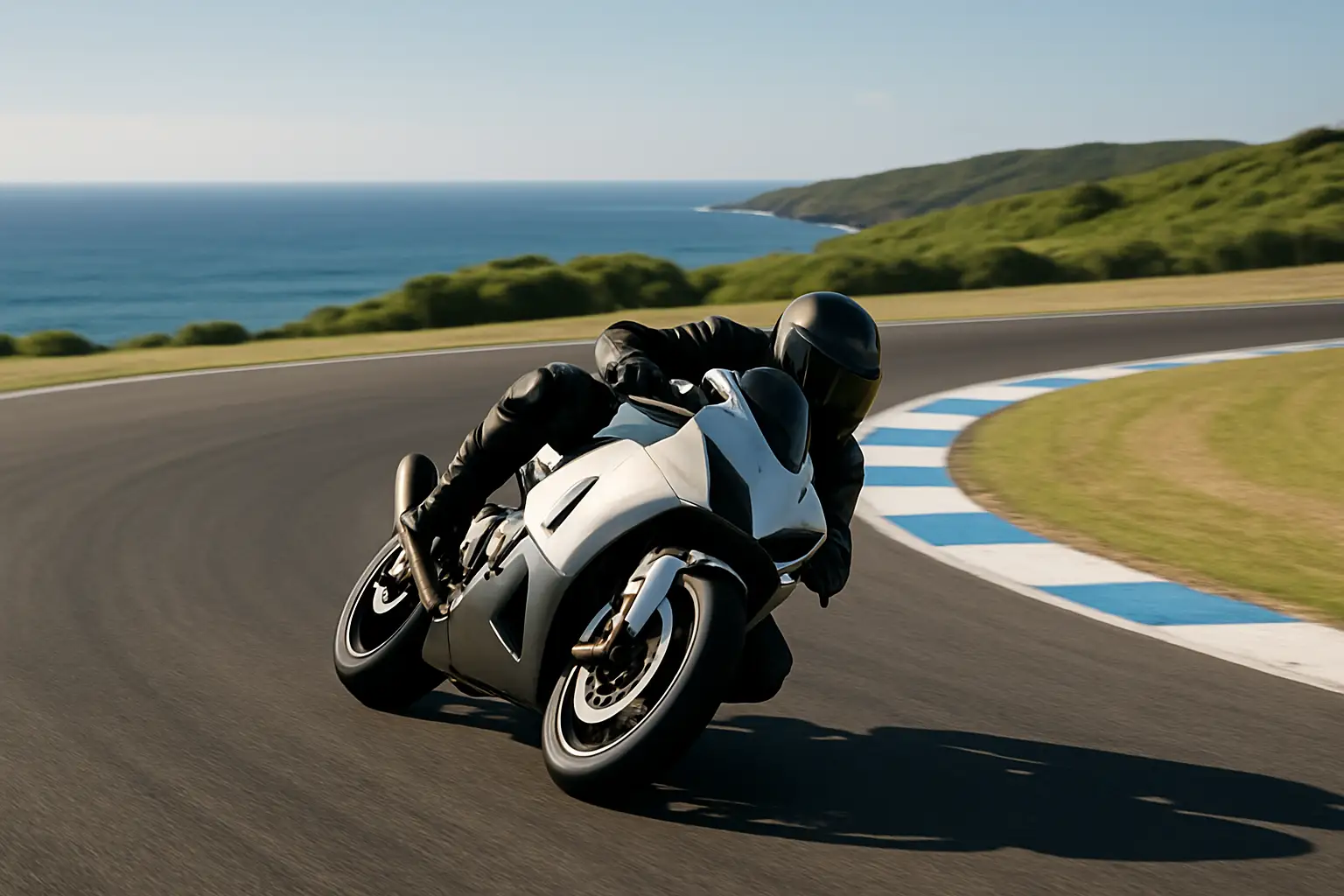 MotoGP rider leaning into a fast corner at a coastal circuit under bright Australian skies