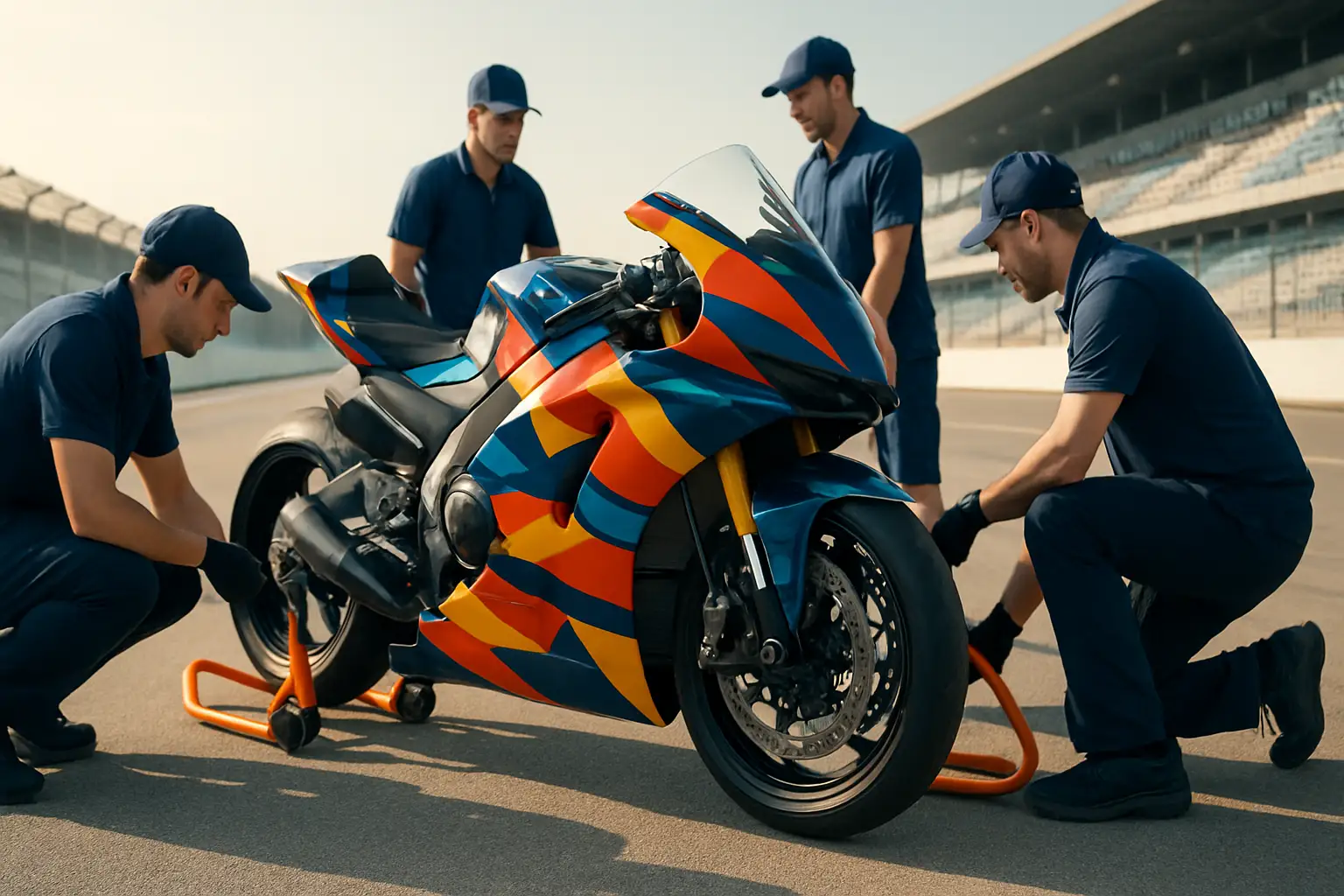 A MotoGP motorcycle on track surrounded by sponsor branding and paddock crew