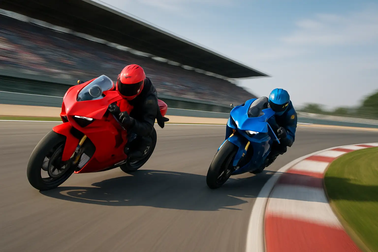 MotoGP bike racing at high speed on a circuit with rival machines close behind