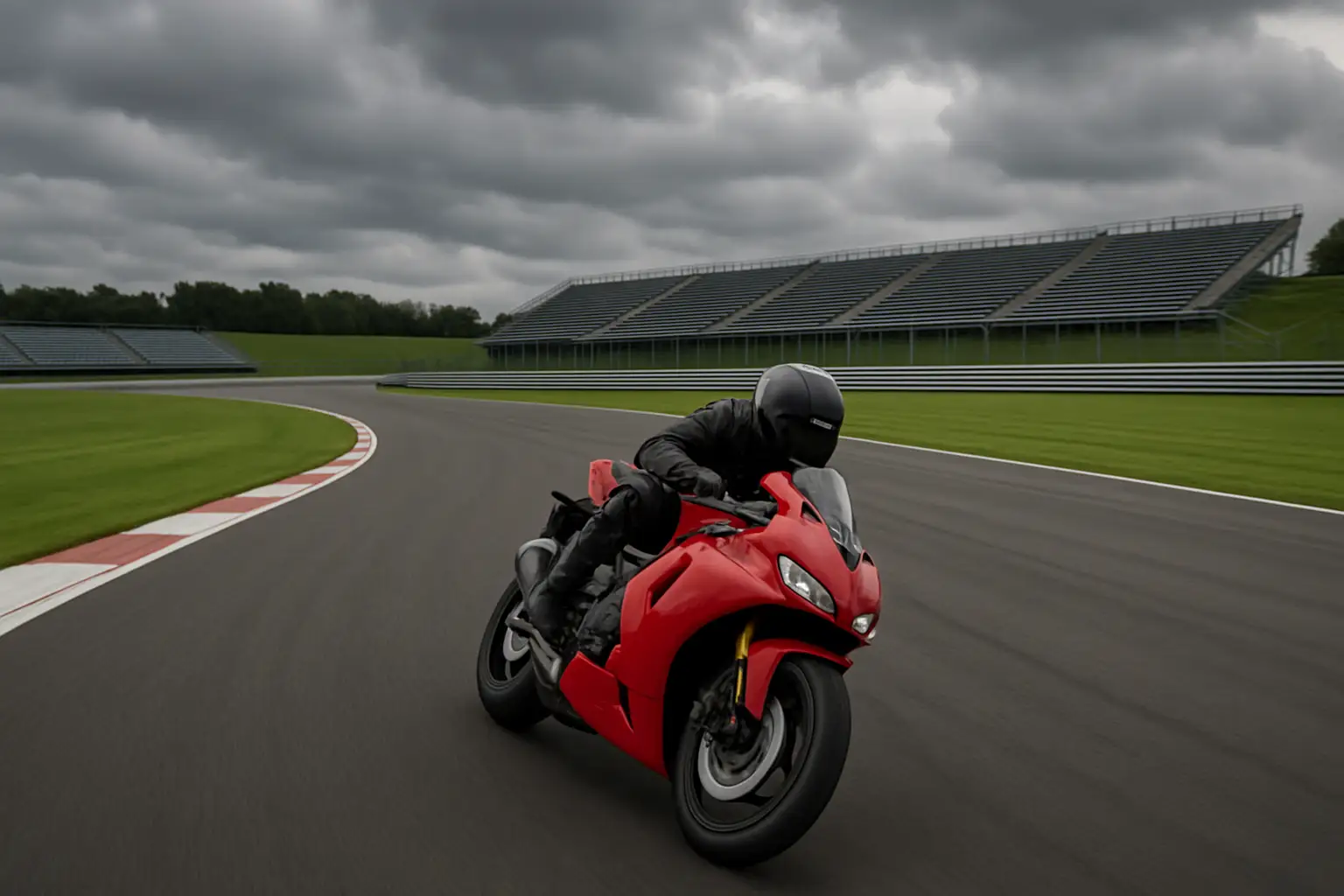 A MotoGP rider on a racing motorcycle at a European circuit, viewed from trackside
