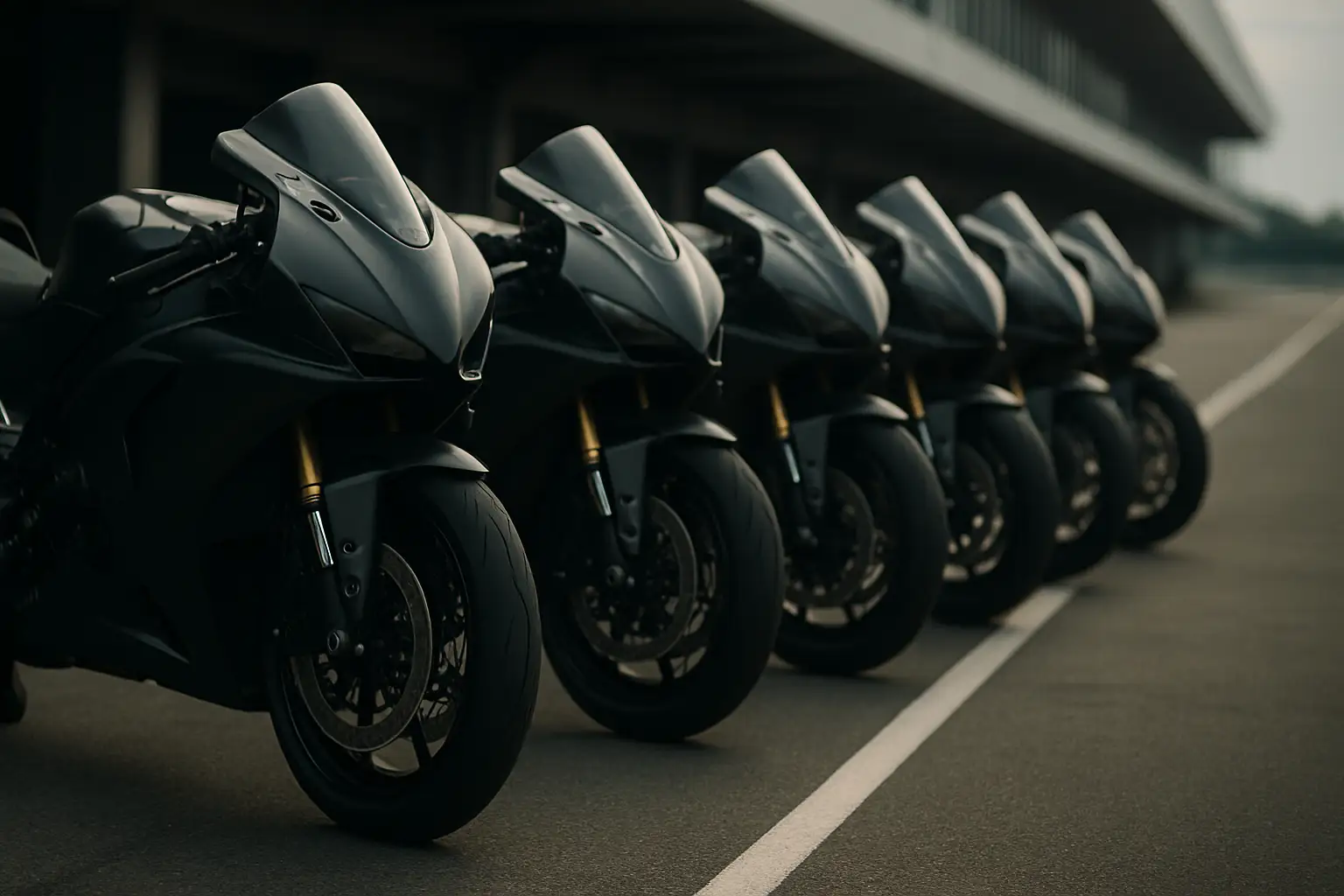 Moto2 motorcycles lined up on a racing grid under bright circuit lights