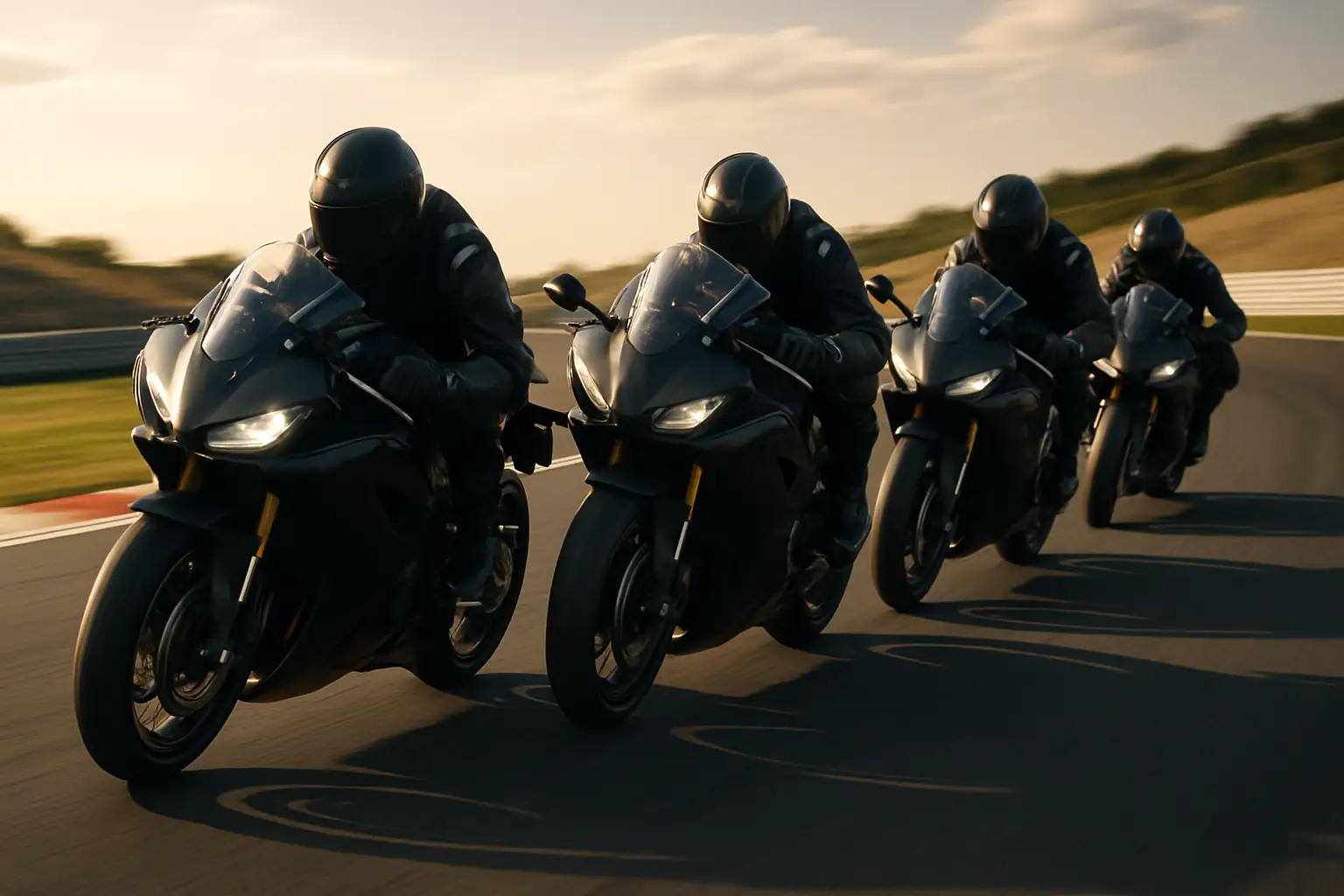 Moto2 bikes racing closely through a corner on a grand prix circuit