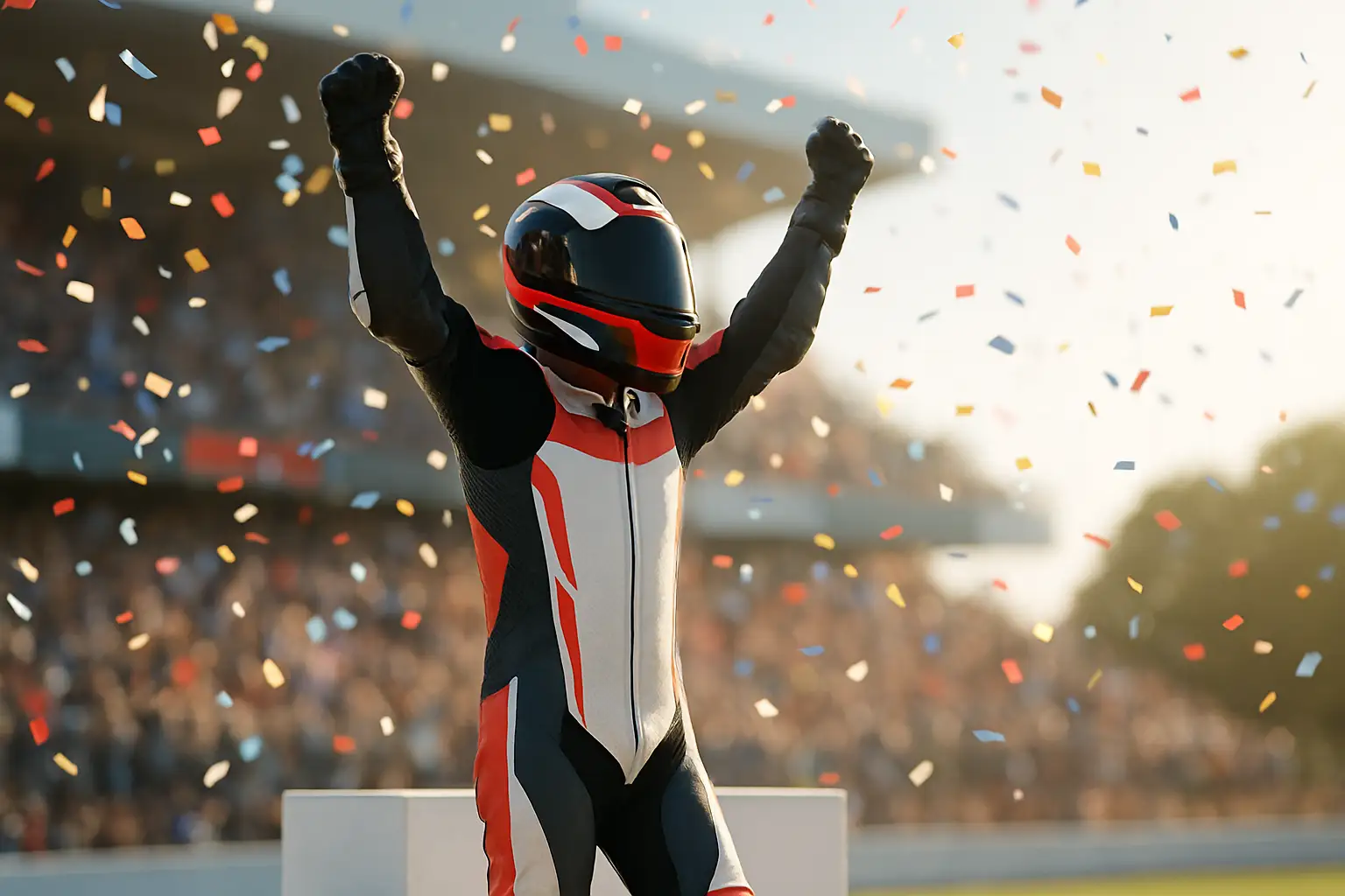 A Moto2 rider celebrating a grand prix victory on the podium with arms raised