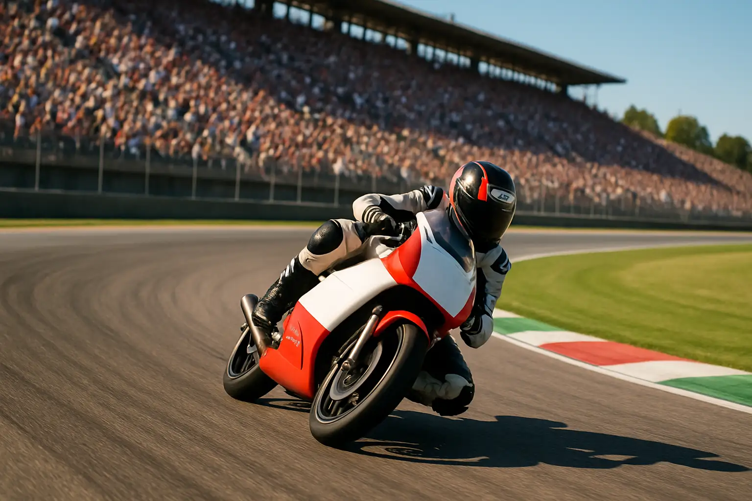 A Moto3 rider leaning through a fast corner at TT Circuit Assen during a sunny Sunday race