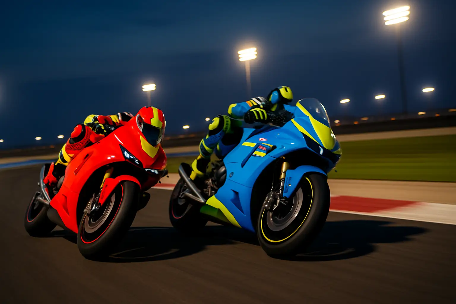 Two MotoGP motorcycles racing side by side through a circuit corner under bright circuit lights