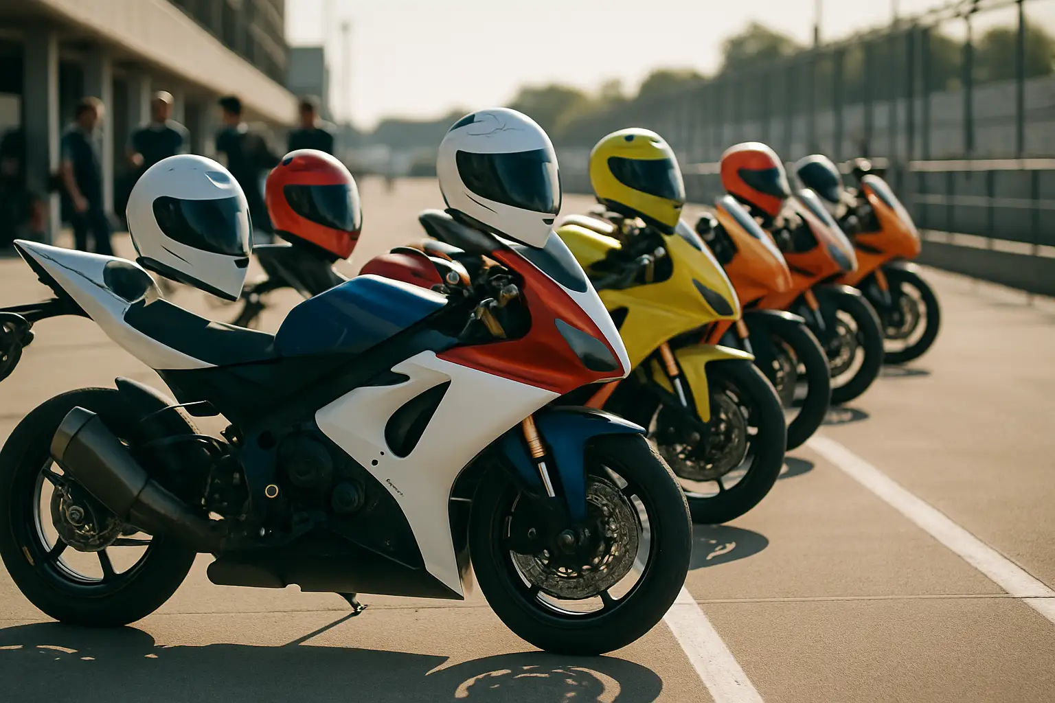 MotoGP riders lined up on a race grid with blurred grandstand in the background