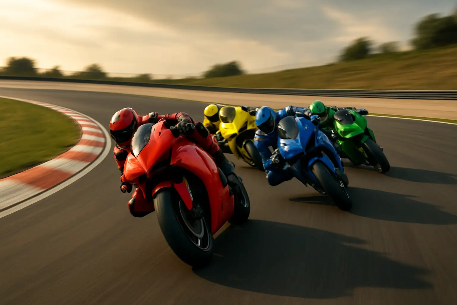 Multiple MotoGP riders racing closely together on a circuit