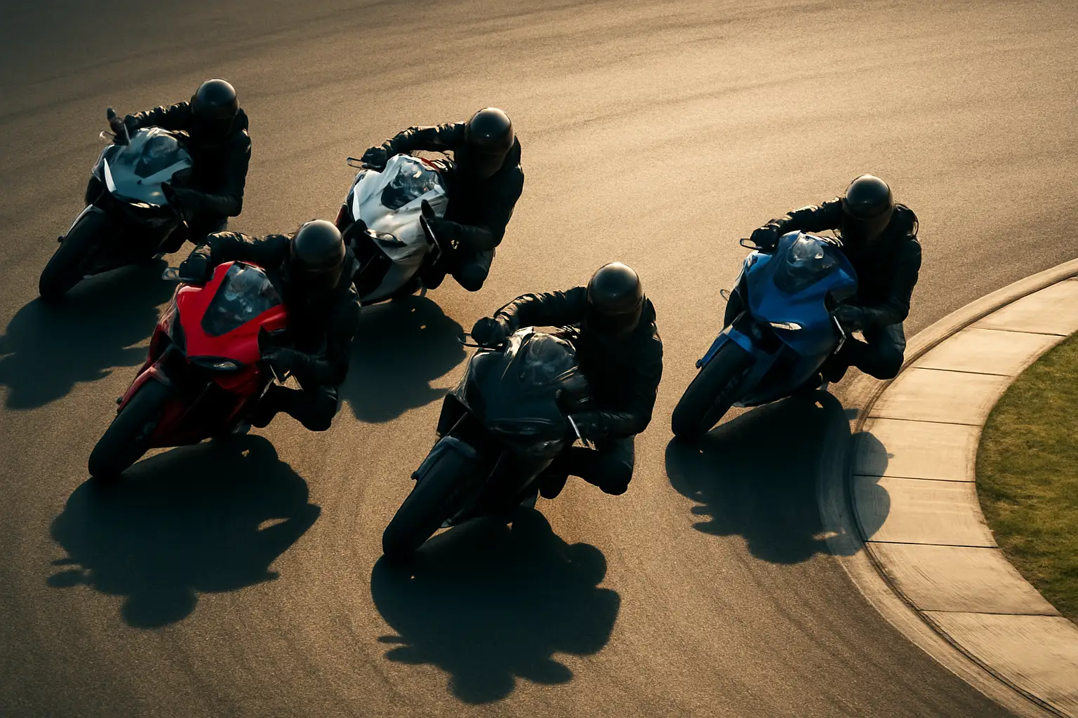 Five MotoGP riders on track in close formation during a race