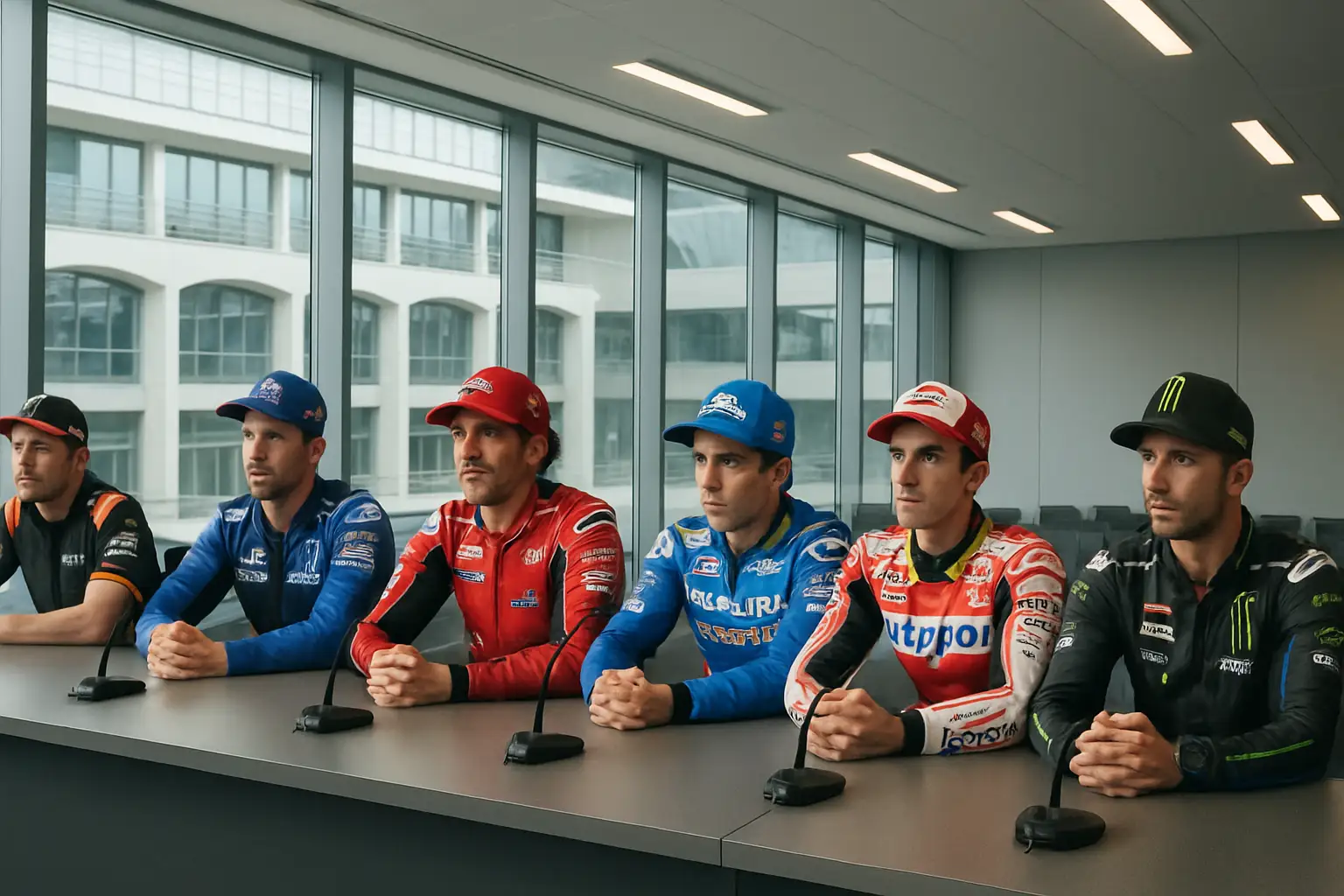 MotoGP riders lined up at a press conference table inside a modern racing venue