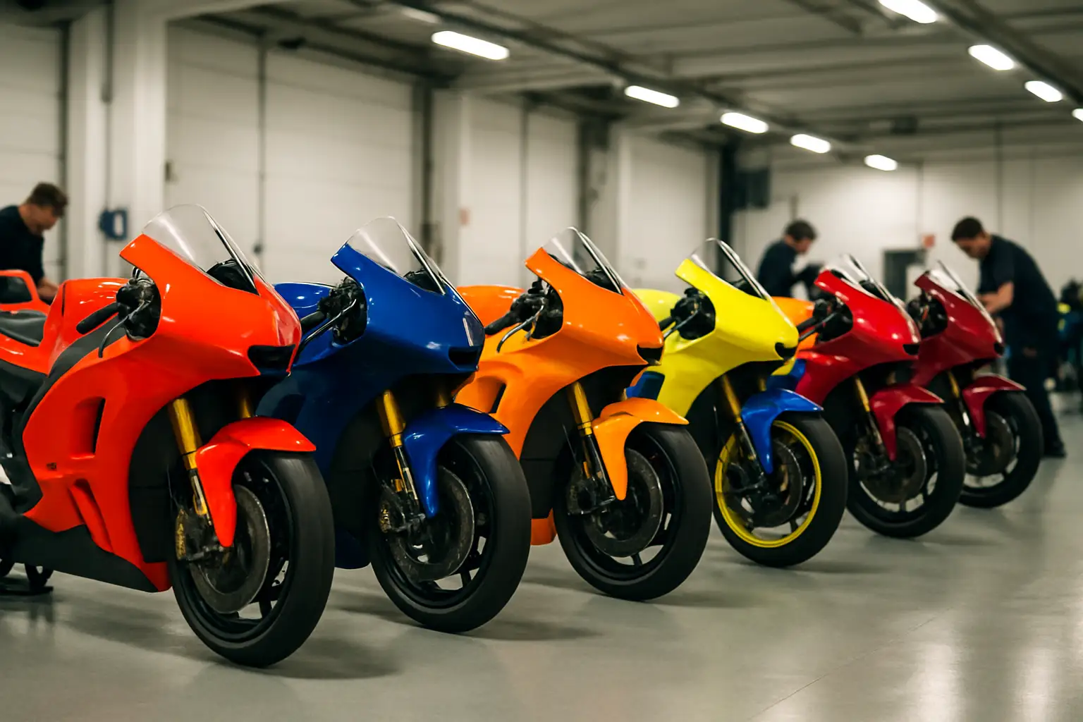 MotoGP bikes lined up in a paddock garage ahead of the 2026 season