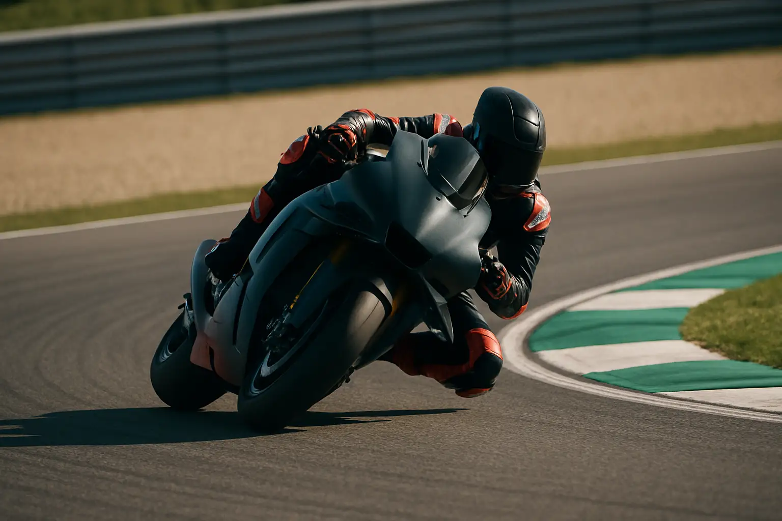 MotoGP rider leaning into a corner on a modern prototype bike during a race weekend