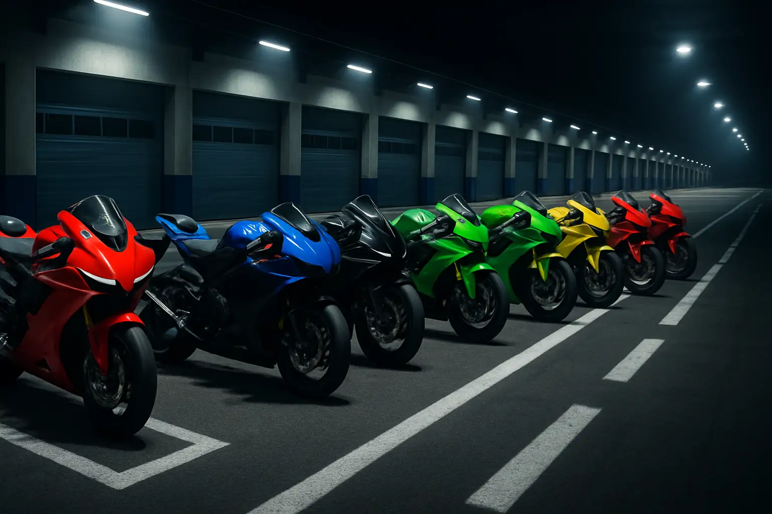 MotoGP riders lined up on the starting grid with team garages in the background