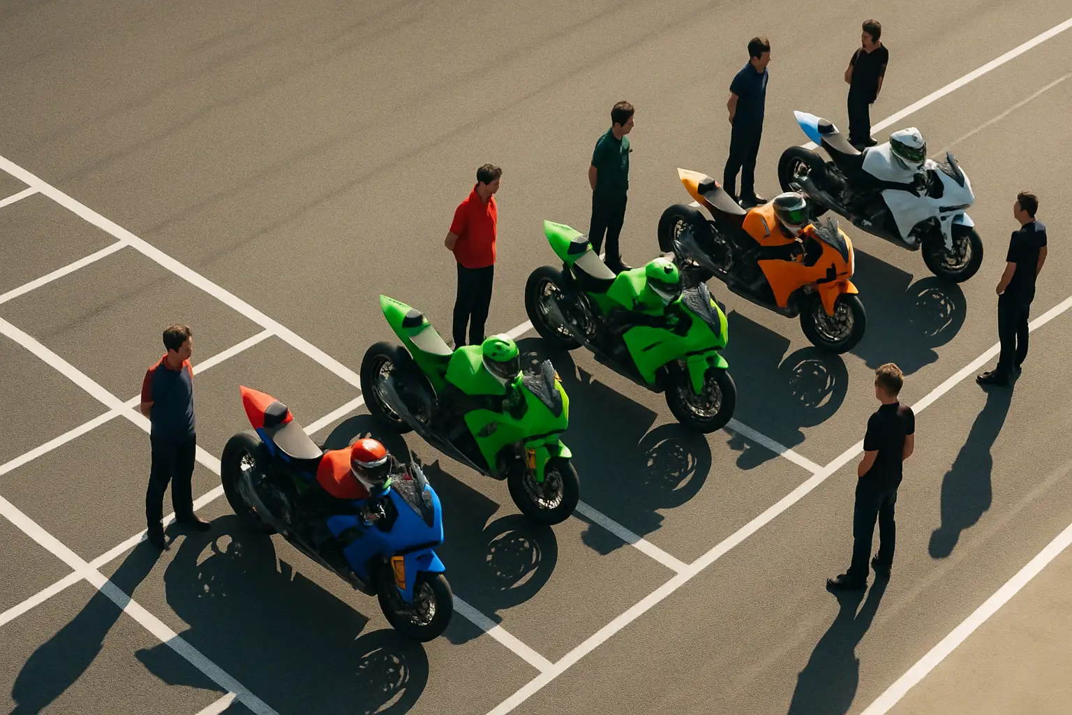 MotoGP riders on the grid ahead of a race, viewed from above