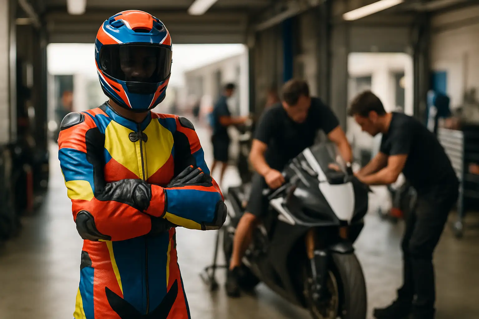 A MotoGP rider in full leathers standing in a paddock garage, looking at a motorcycle being worked on by mechanics