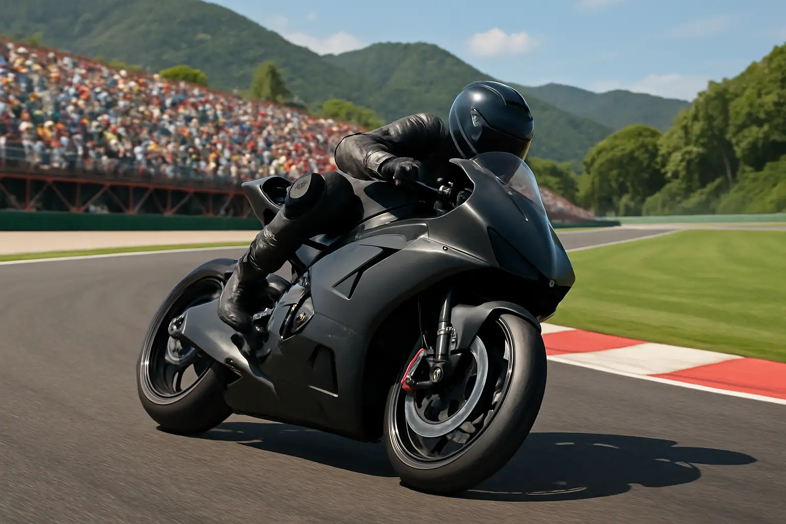 MotoGP motorcycle racing at a circuit surrounded by lush green landscape under bright sunlight