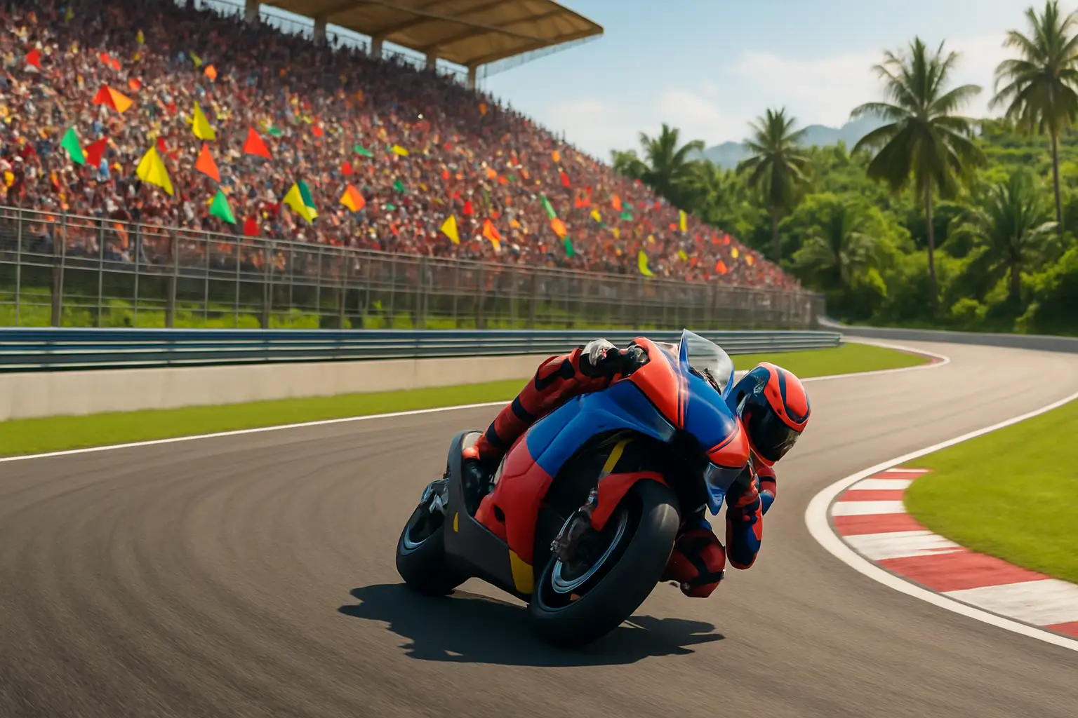 MotoGP motorcycle racing on a circuit with a crowd of fans waving flags in the background