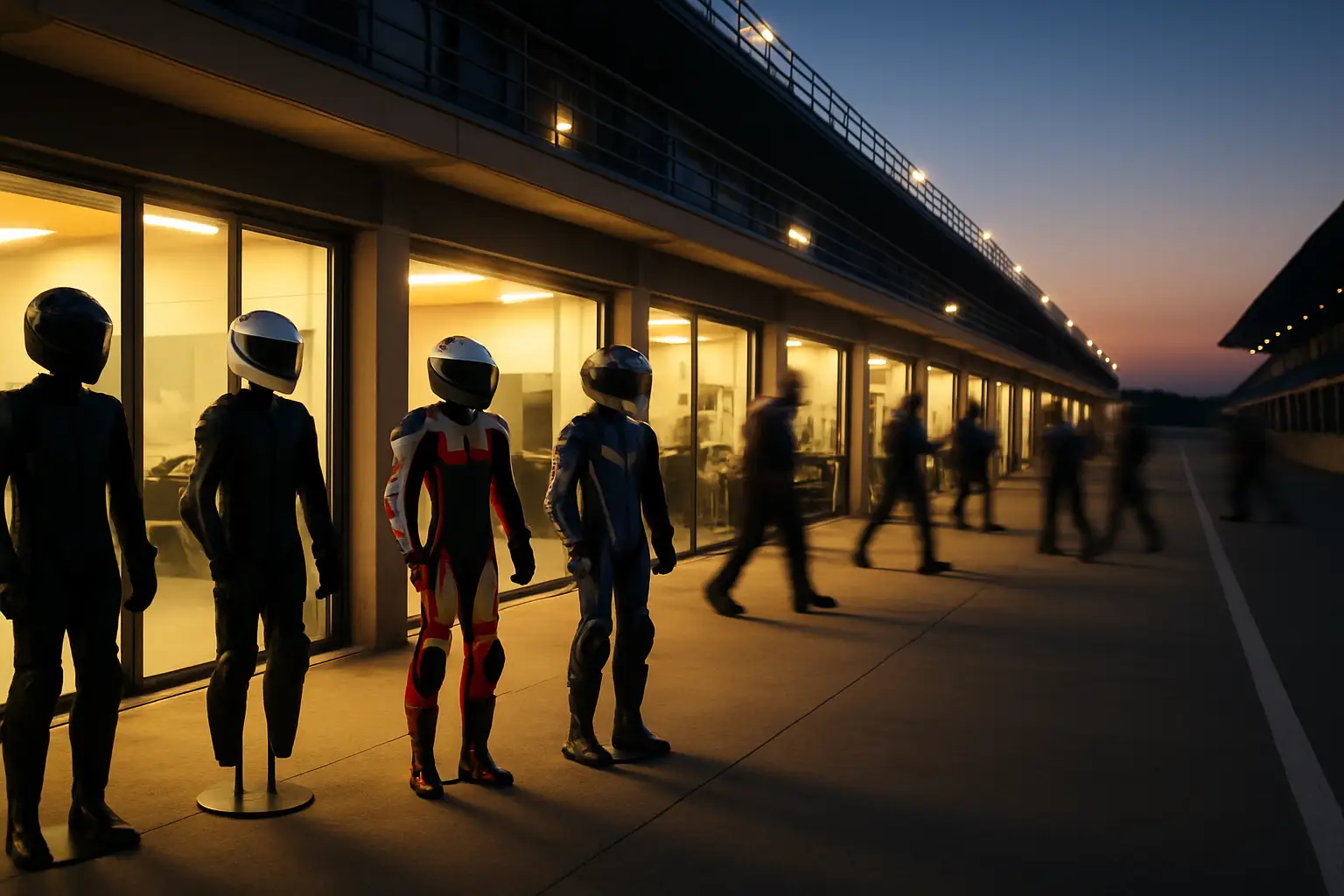 MotoGP riders on a starting grid with team garages in the background under race day lights