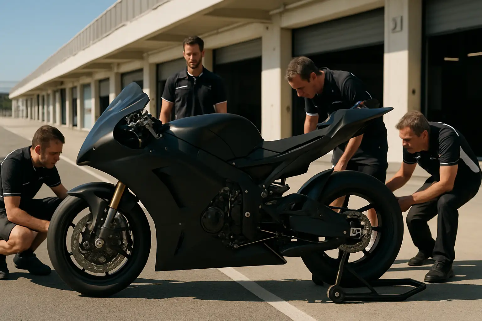 A MotoGP prototype motorcycle being tested on a race circuit with crew members observing