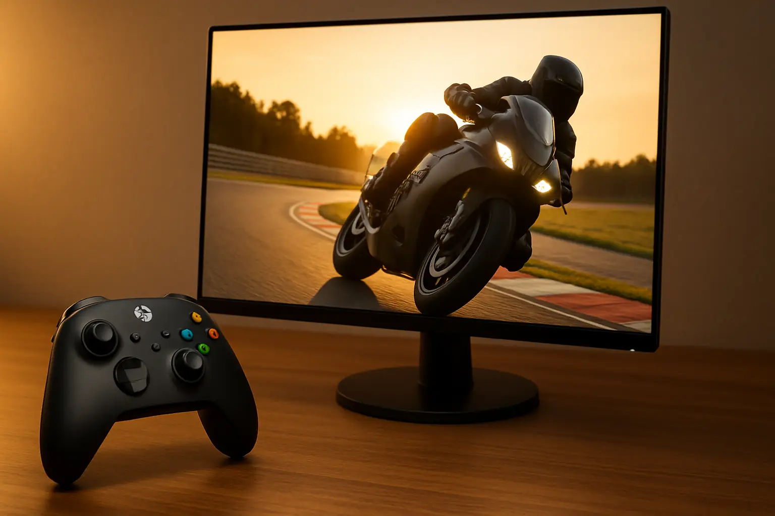 Xbox controller resting next to a racing game screen showing a motorcycle on a race circuit