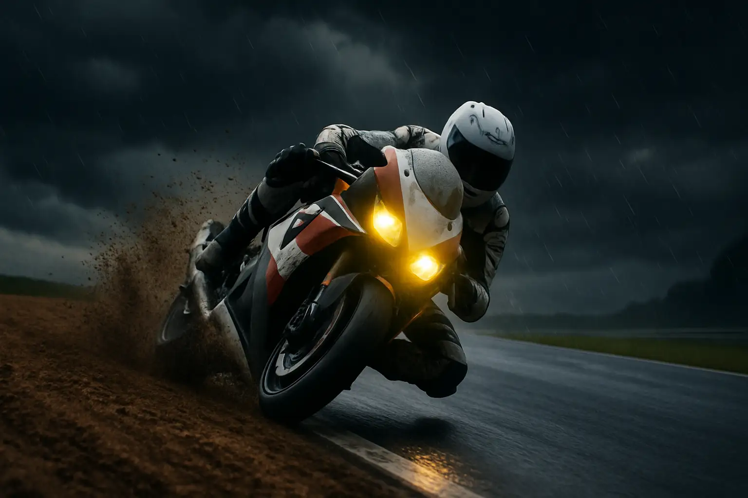 MotoGP 25 gameplay on PS5 showing a rider on a Motard circuit in stormy weather conditions