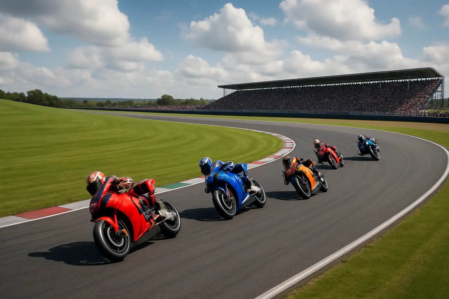 MotoGP riders on track at the Assen circuit during a sunny race day