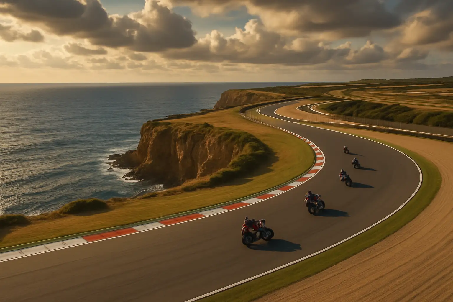 Phillip Island MotoGP circuit overlooking the ocean at sunset with motorcycles on track