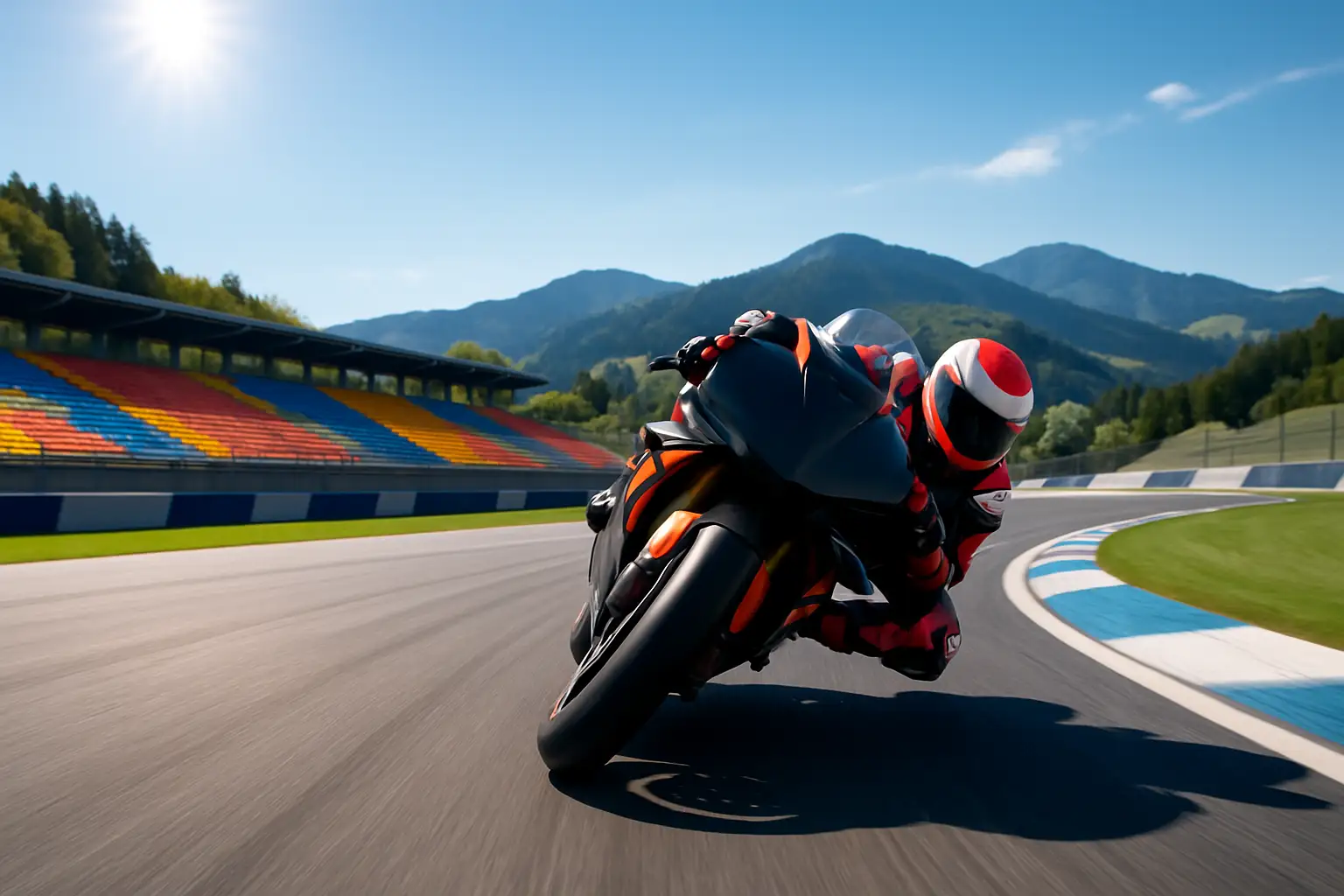 MotoGP motorcycle racing at high speed on a circuit with grandstands in the background