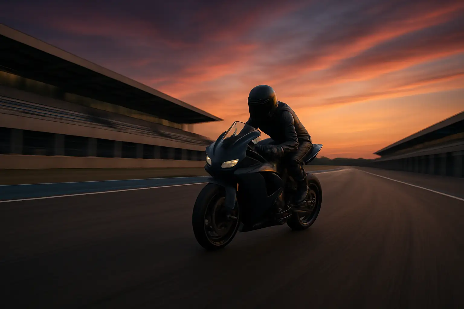 A MotoGP motorcycle on track during a race weekend with an empty pit lane in the background