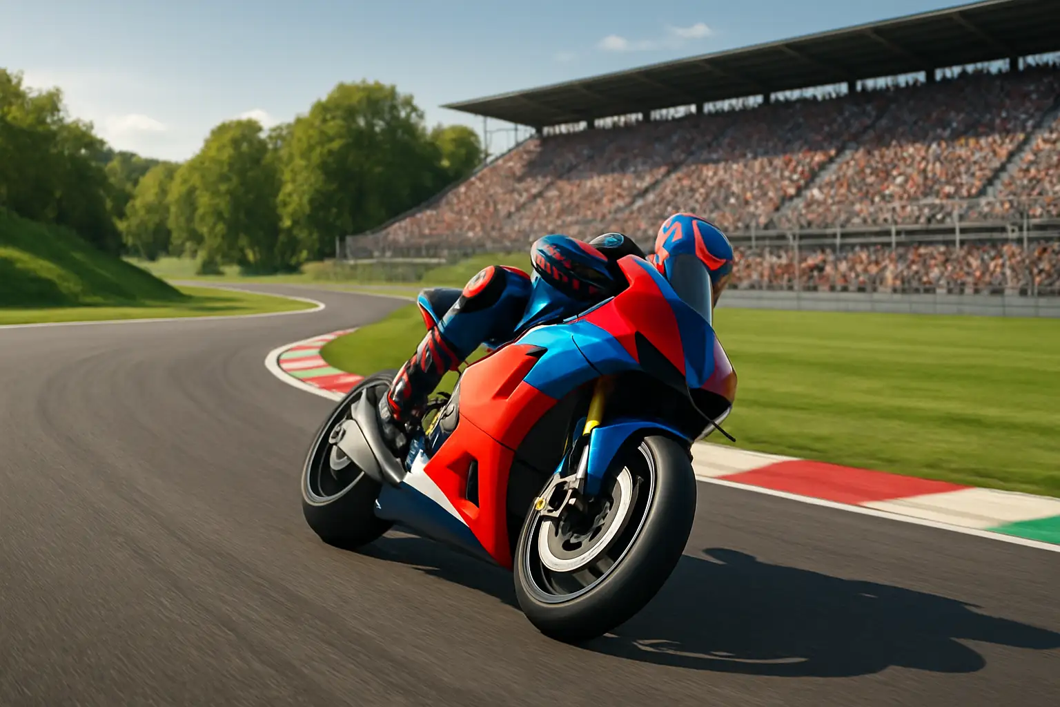 MotoGP motorcycle racing on a South American circuit with grandstands full of fans