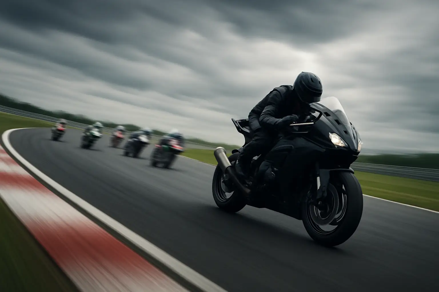 A MotoGP rider leading the pack through a fast corner at a circuit under overcast skies