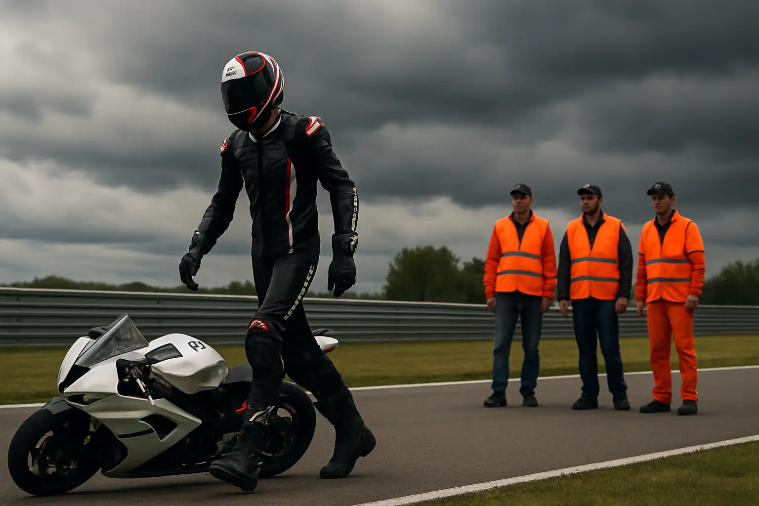 MotoGP rider on track with marshals visible at the side of the circuit
