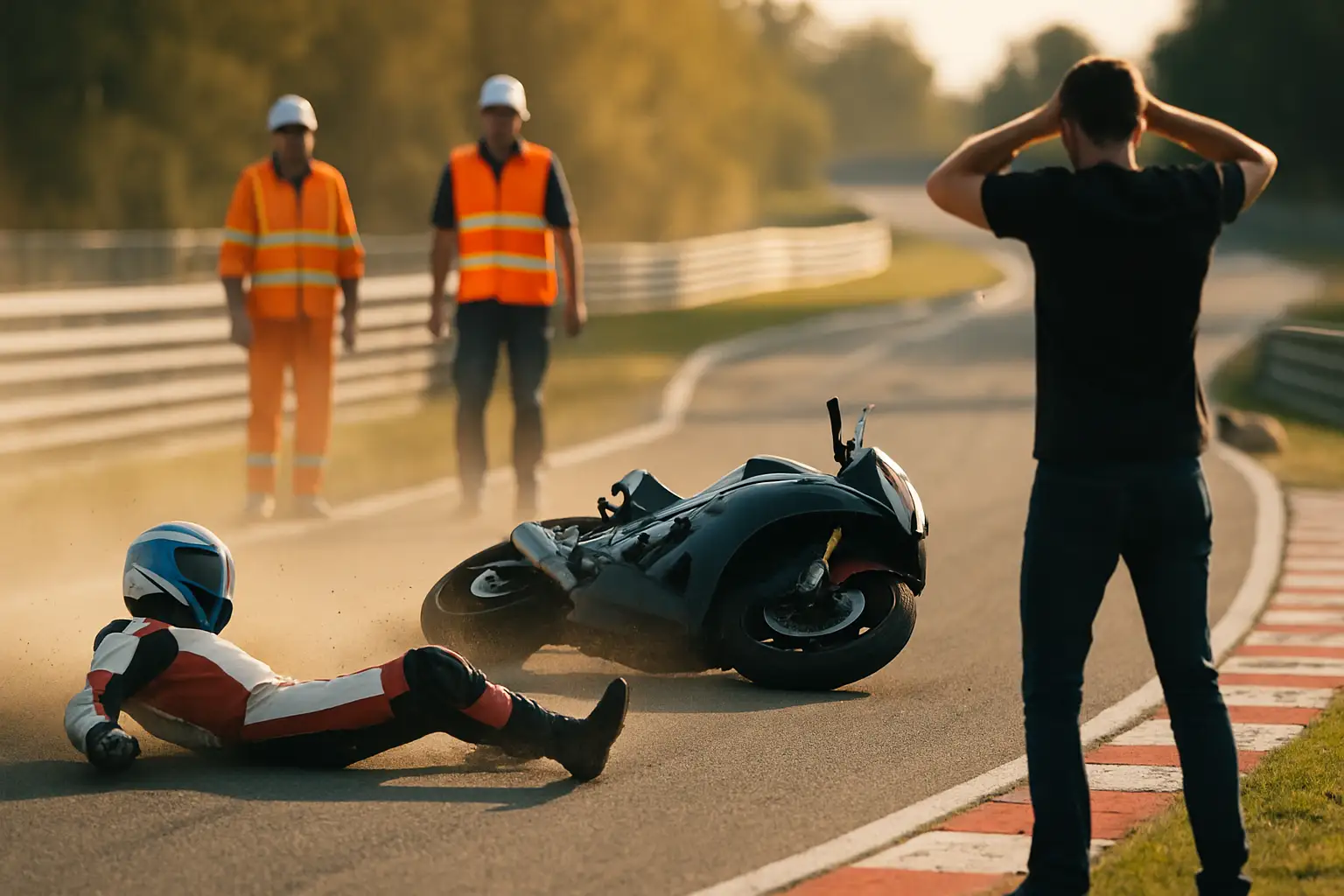 A MotoGP rider walking away from a crashed motorcycle on a race circuit with marshals nearby