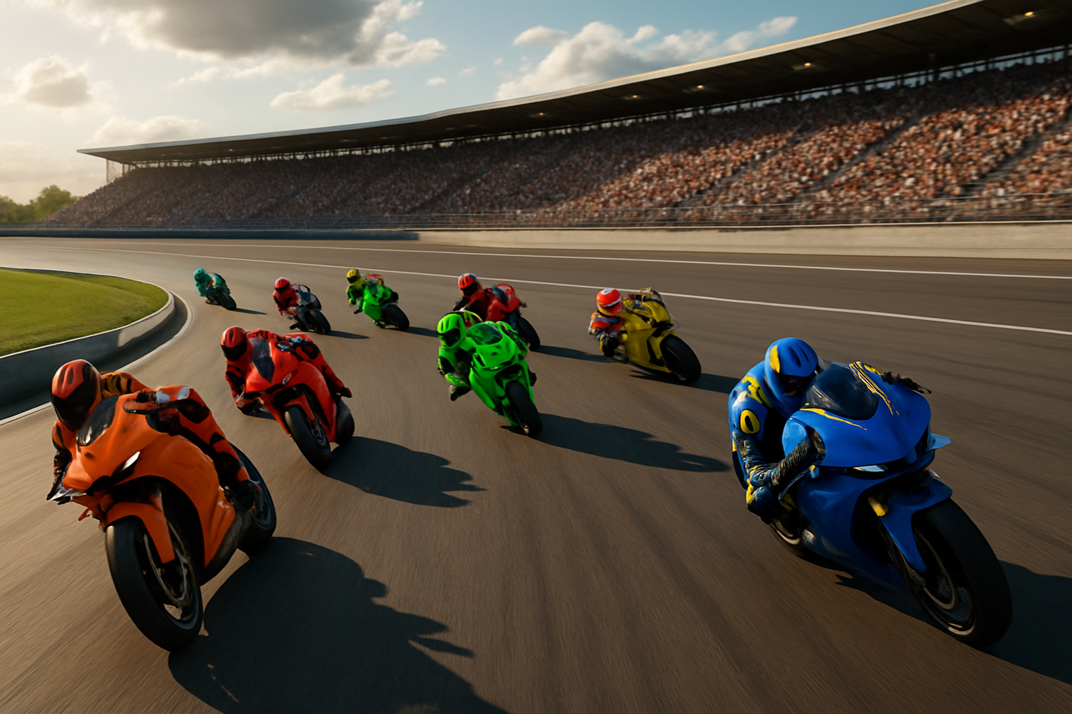 MotoGP motorcycles racing through a fast sweeping corner at a European circuit