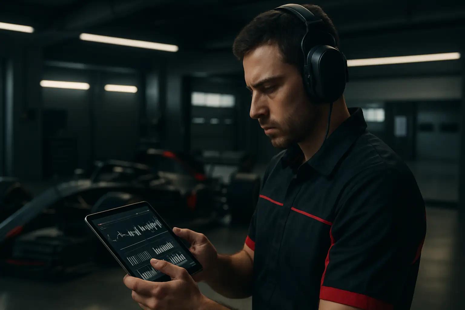 A MotoGP engineer reviewing technical data in a paddock garage