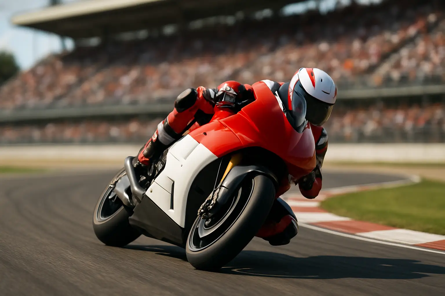 MotoGP racing bike leaning through a tight left-hand corner on a European circuit