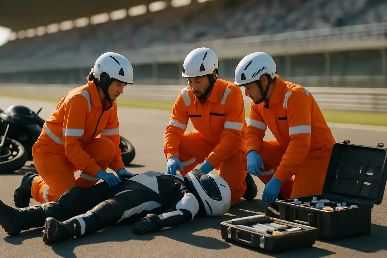 MotoGP medical team attending to a rider on a race circuit during a safety intervention